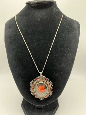 VTG 800 Silver Seed Coral Filigree Rose Floral Portrait Brooch Pendant Necklace